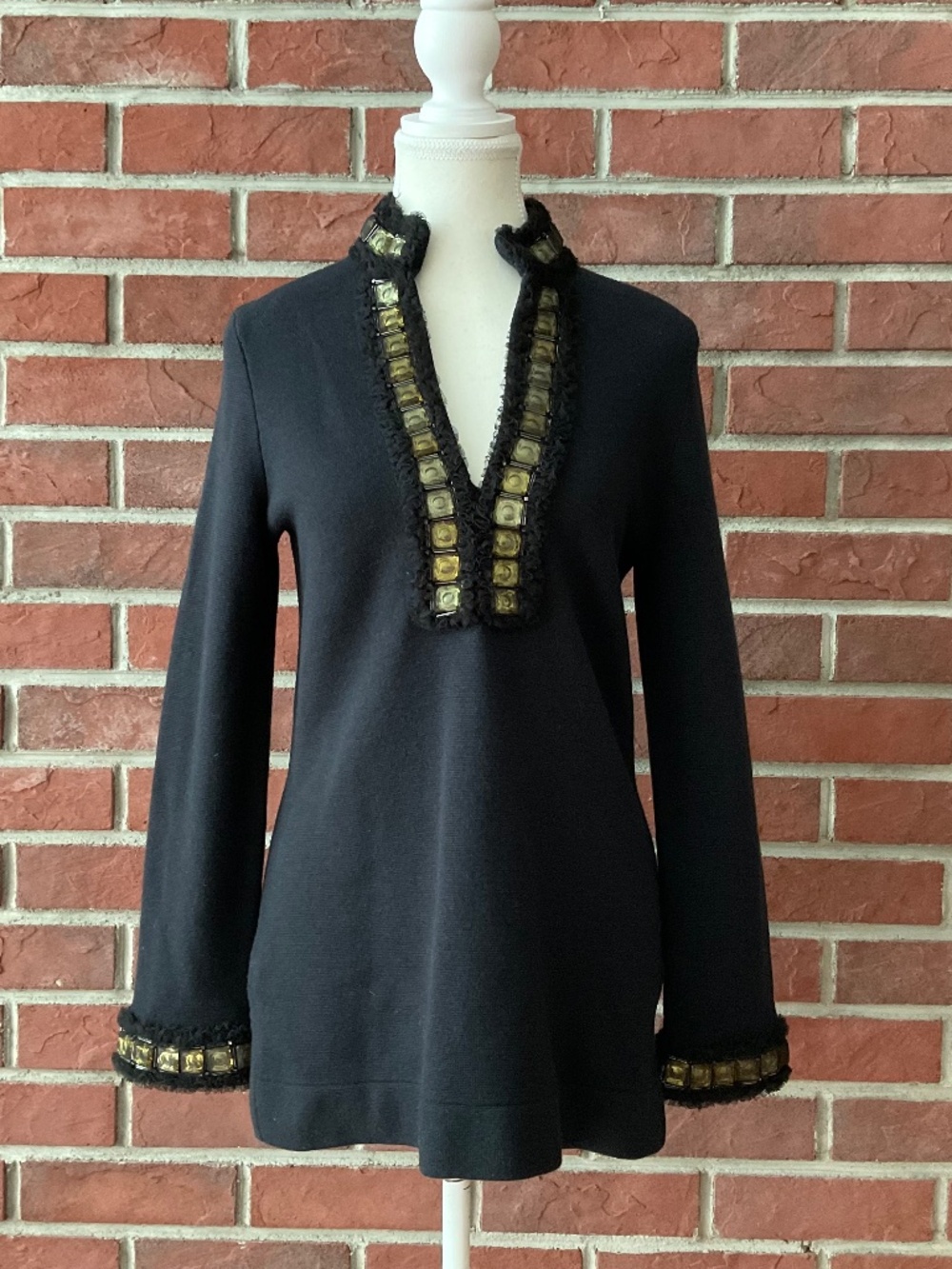 Tory Burch Wool Blend Black Embellished Knit Tunic Size S